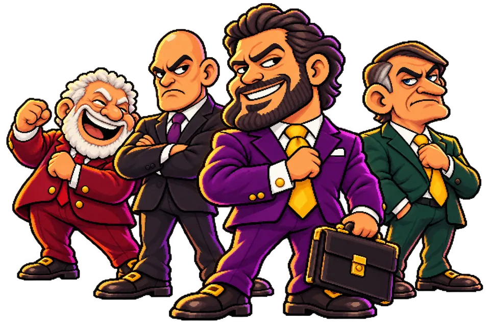 Voro à frente de Alex Mandamais, Lulival da Selva e Jairo Bolsanada, as caricaturas do Banco Mastro